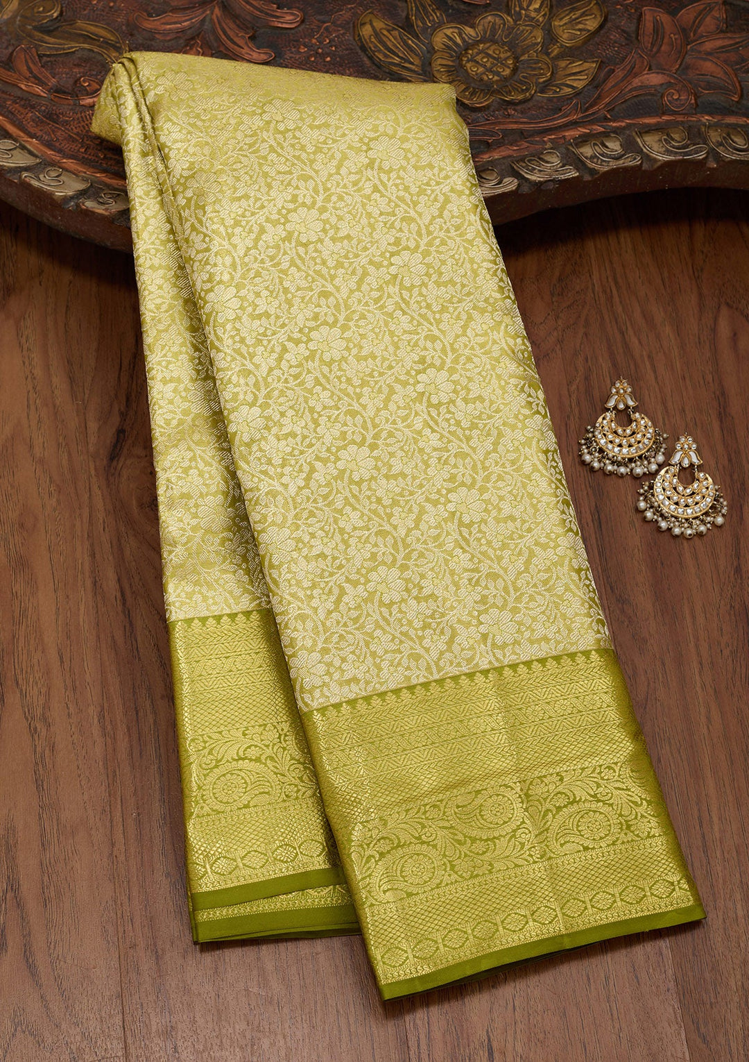 Mehandi Green Zariwork Tissue Silk Saree-Koskii
