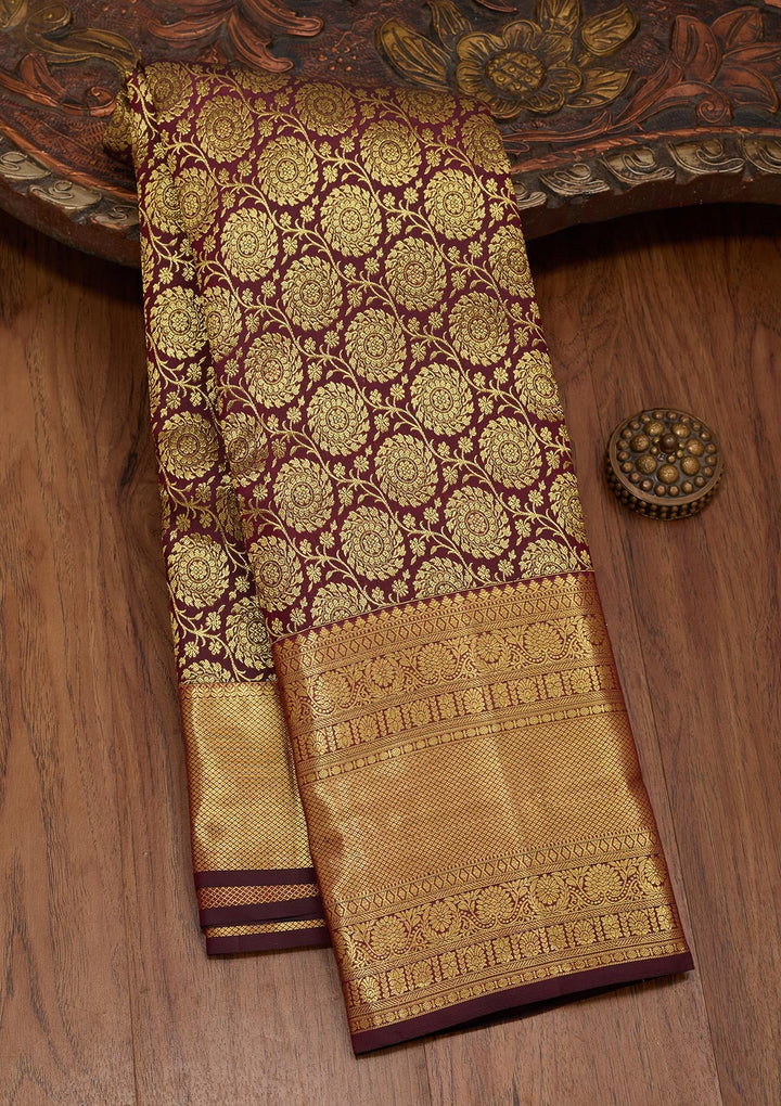 Wine Zariwork Pure Silk Saree-Koskii