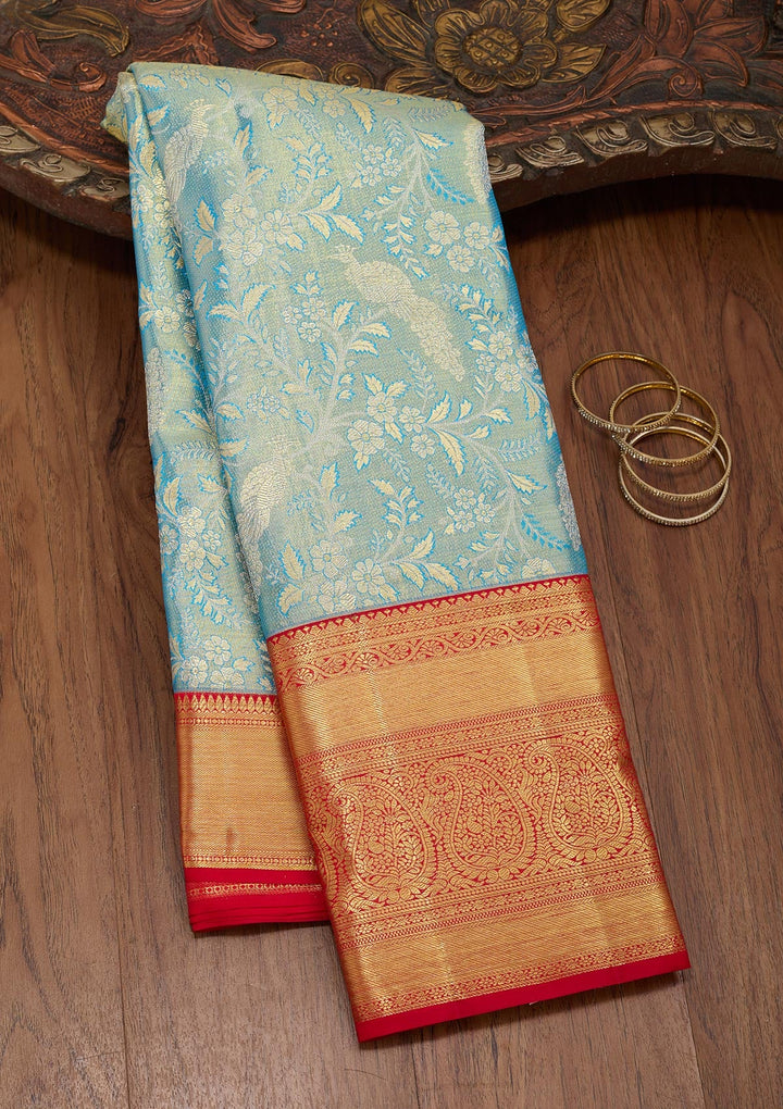 Peacock Blue Zariwork Tissue Silk Saree-Koskii