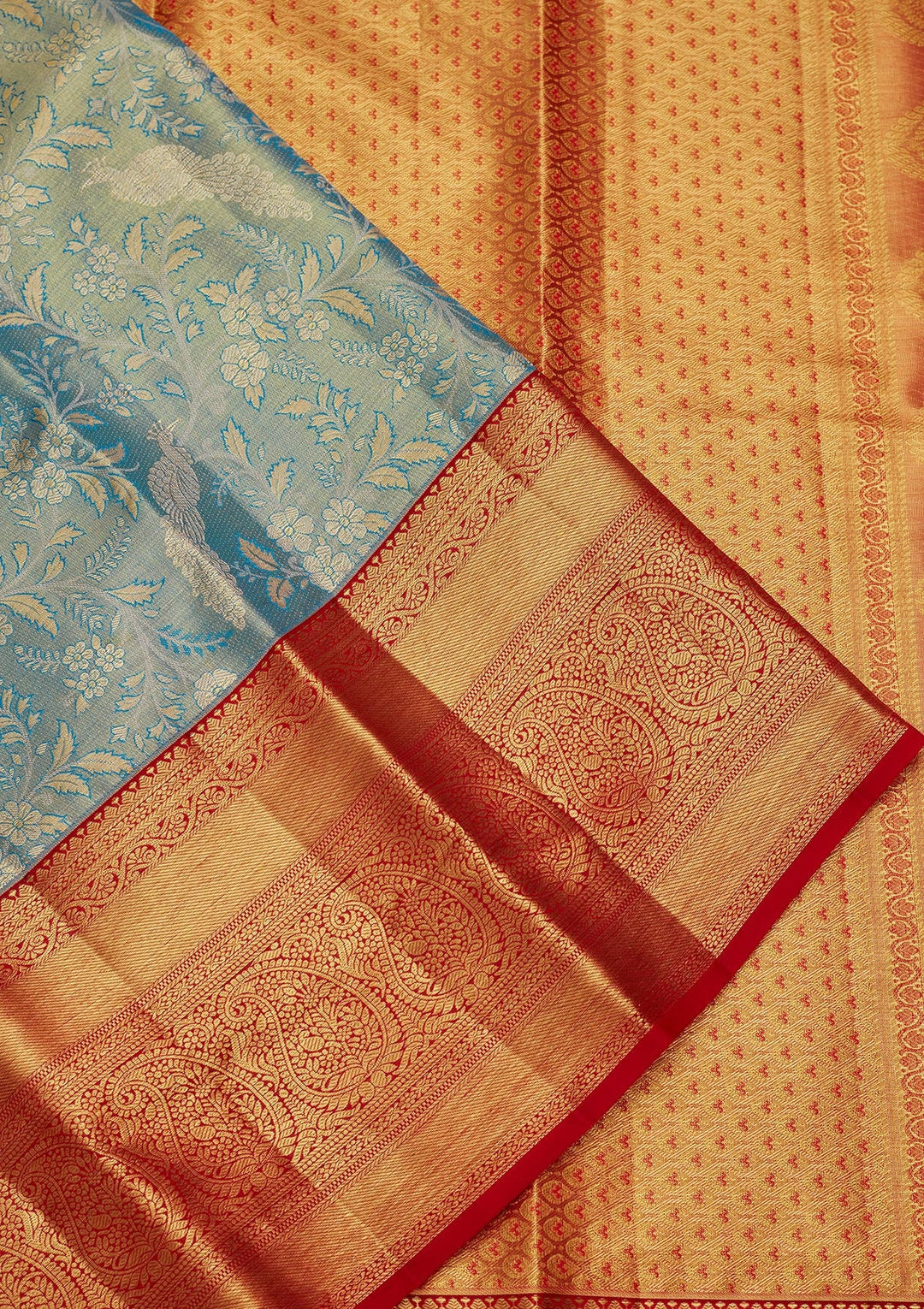 Peacock Blue Zariwork Tissue Silk Saree-Koskii