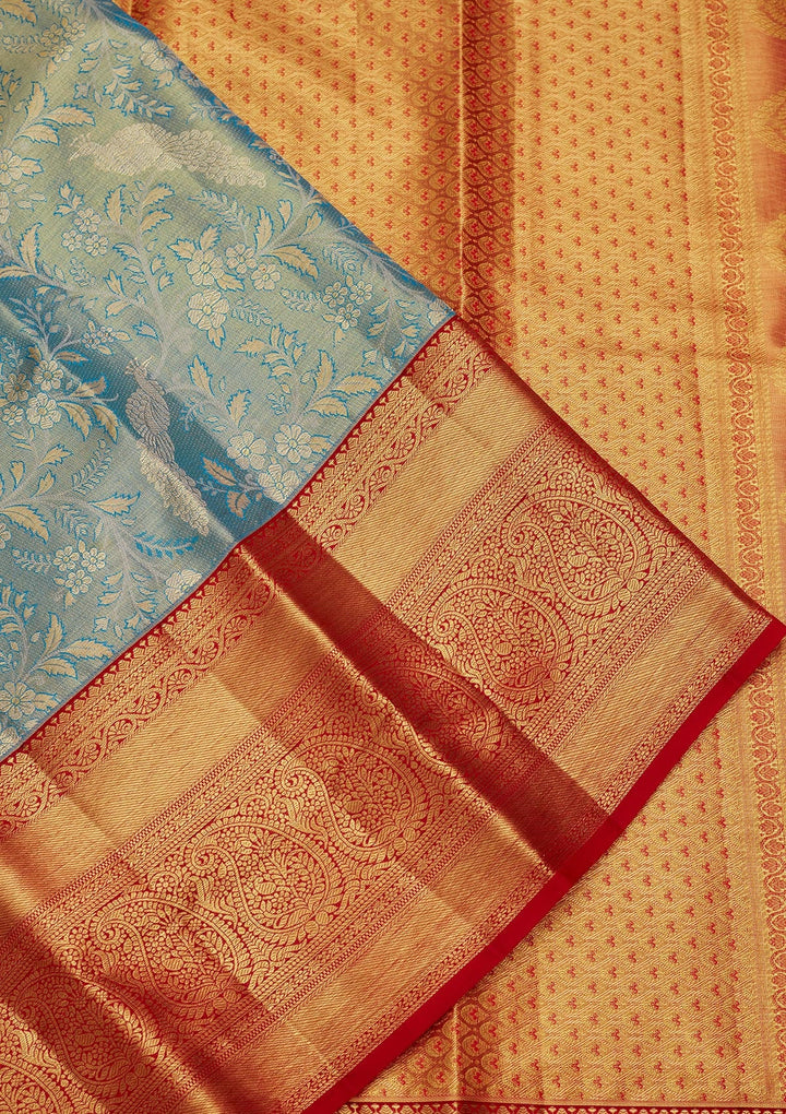 Peacock Blue Zariwork Tissue Silk Saree-Koskii