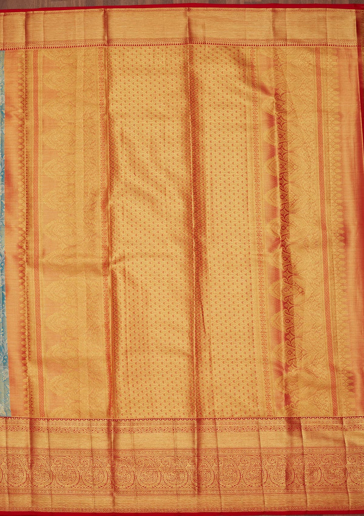 Peacock Blue Zariwork Tissue Silk Saree-Koskii