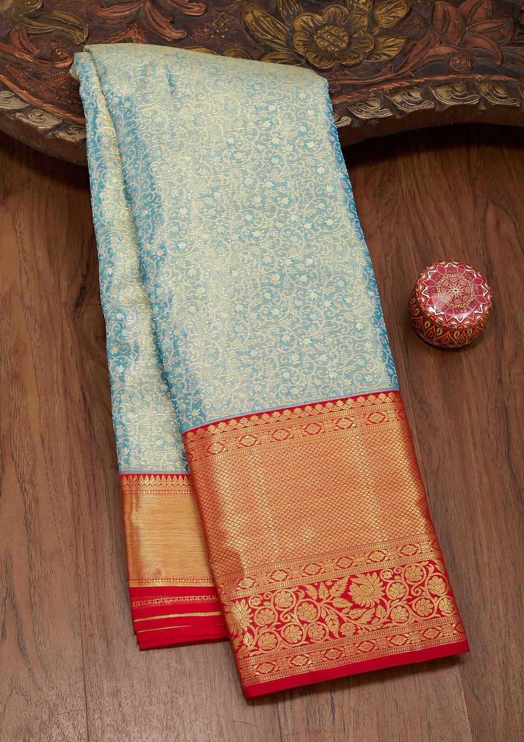 Peacock Blue Zariwork Tissue Silk Saree-Koskii