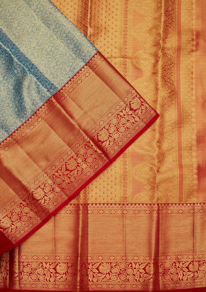 Peacock Blue Zariwork Tissue Silk Saree-Koskii