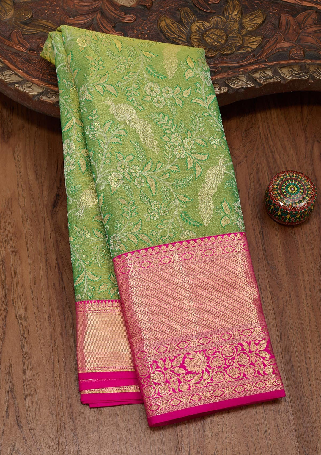 Mehandi Green Zariwork Tissue Silk Saree-Koskii