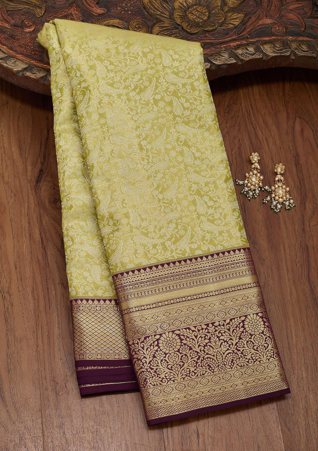 Mehandi Green Zariwork Tissue Silk Saree-Koskii