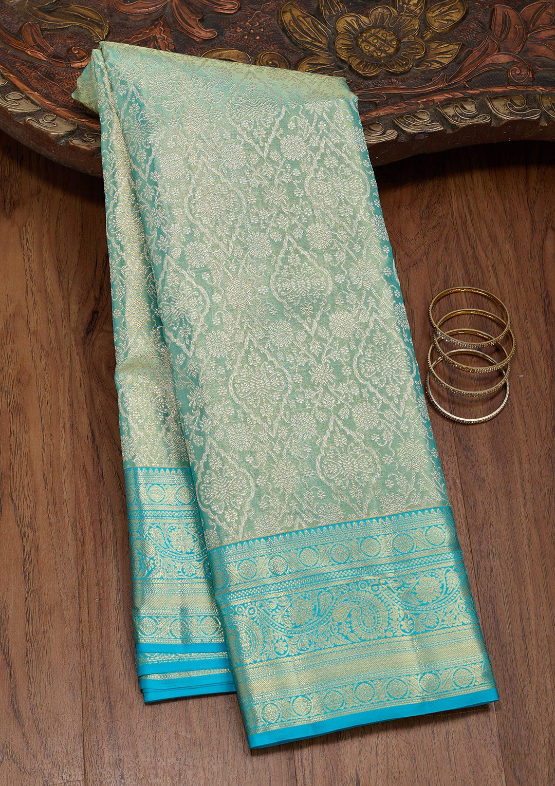 Sea Green Zariwork Tissue Silk Saree-Koskii