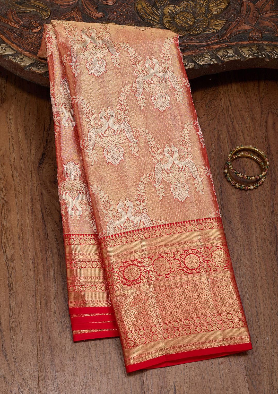 Rust Zariwork Tissue Silk Saree-Koskii