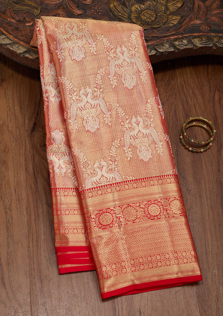 Rust Zariwork Tissue Silk Saree-Koskii