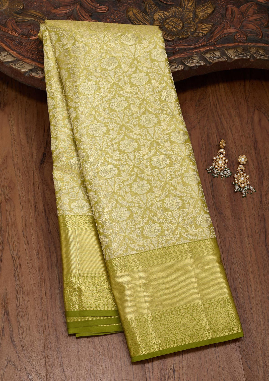 Parrot Green Zariwork Tissue Silk Saree-Koskii