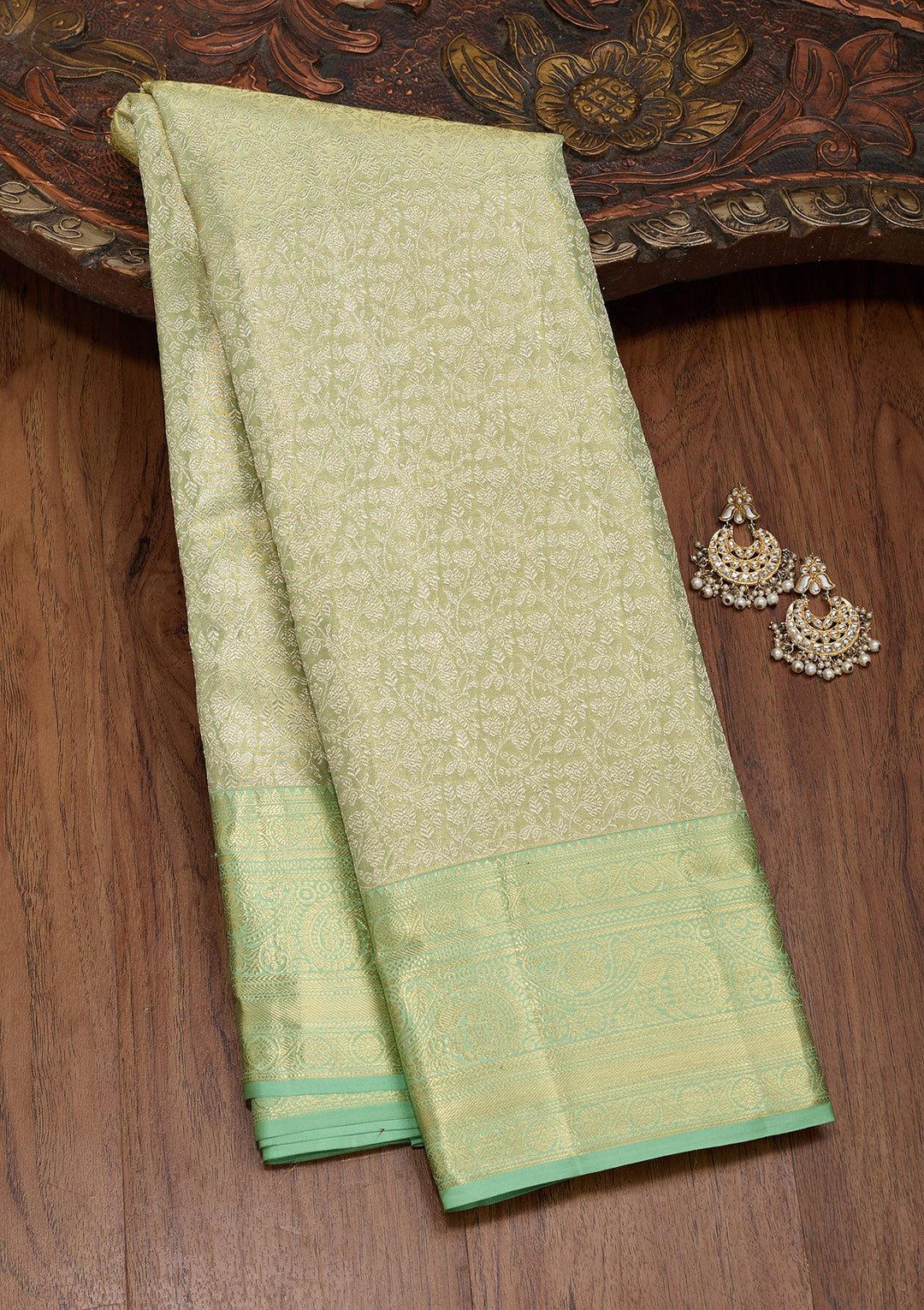 Pista Green Zariwork Tissue Silk Saree-Koskii