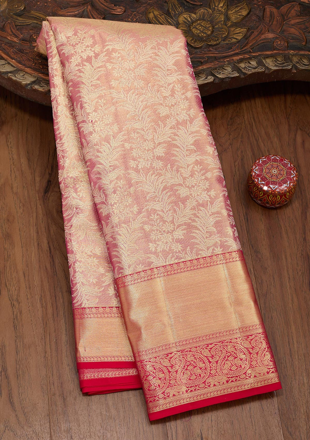 Onion Pink Zariwork Tissue Silk Saree-Koskii