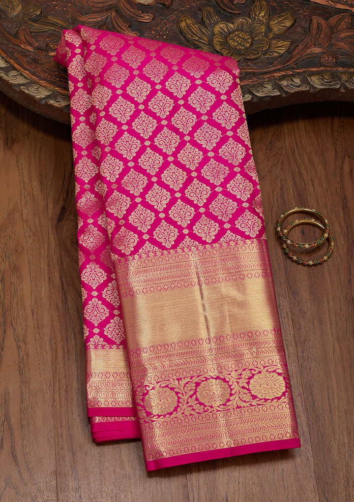 Magenta Pink Zariwork Pure Silk Saree-Koskii