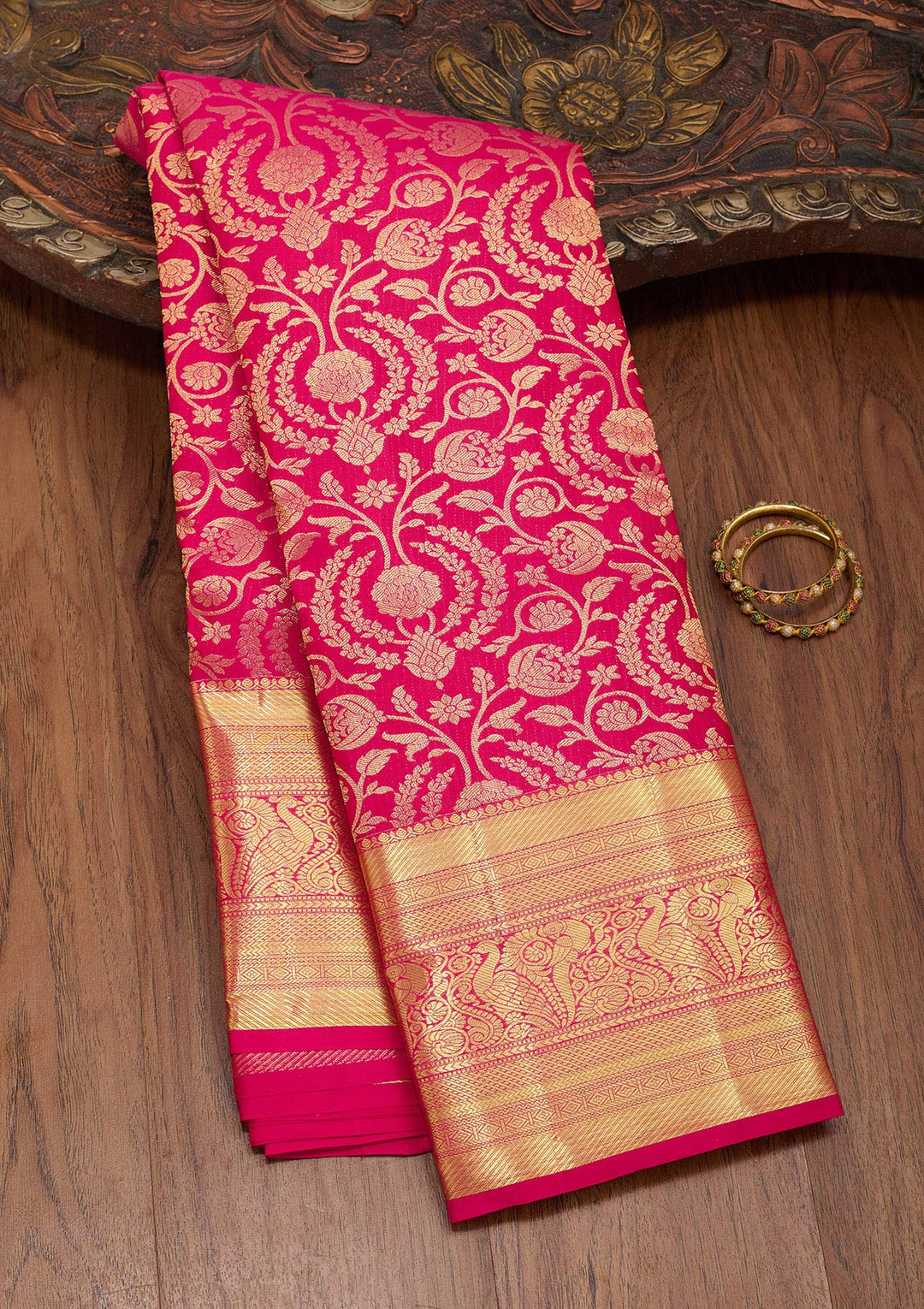 Rani Pink Zariwork Pure Silk Saree-Koskii