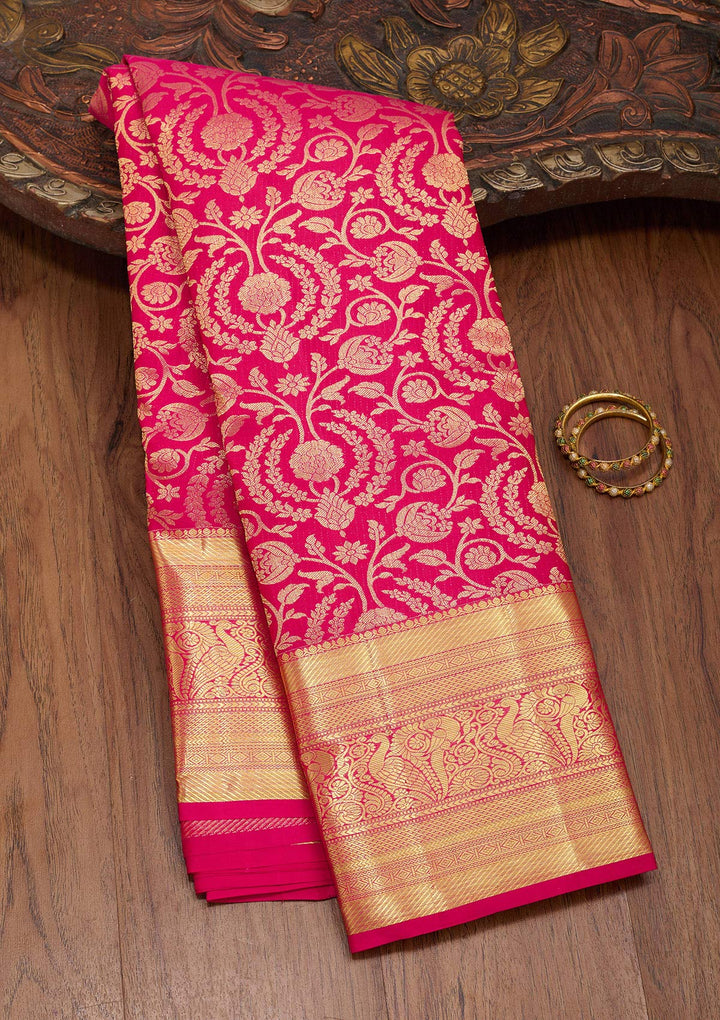 Rani Pink Zariwork Pure Silk Saree-Koskii