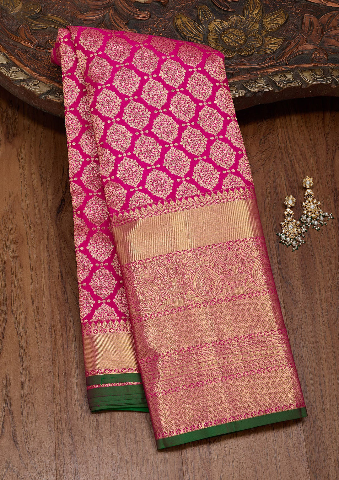 Magenta Pink Zariwork Pure Silk Saree-Koskii