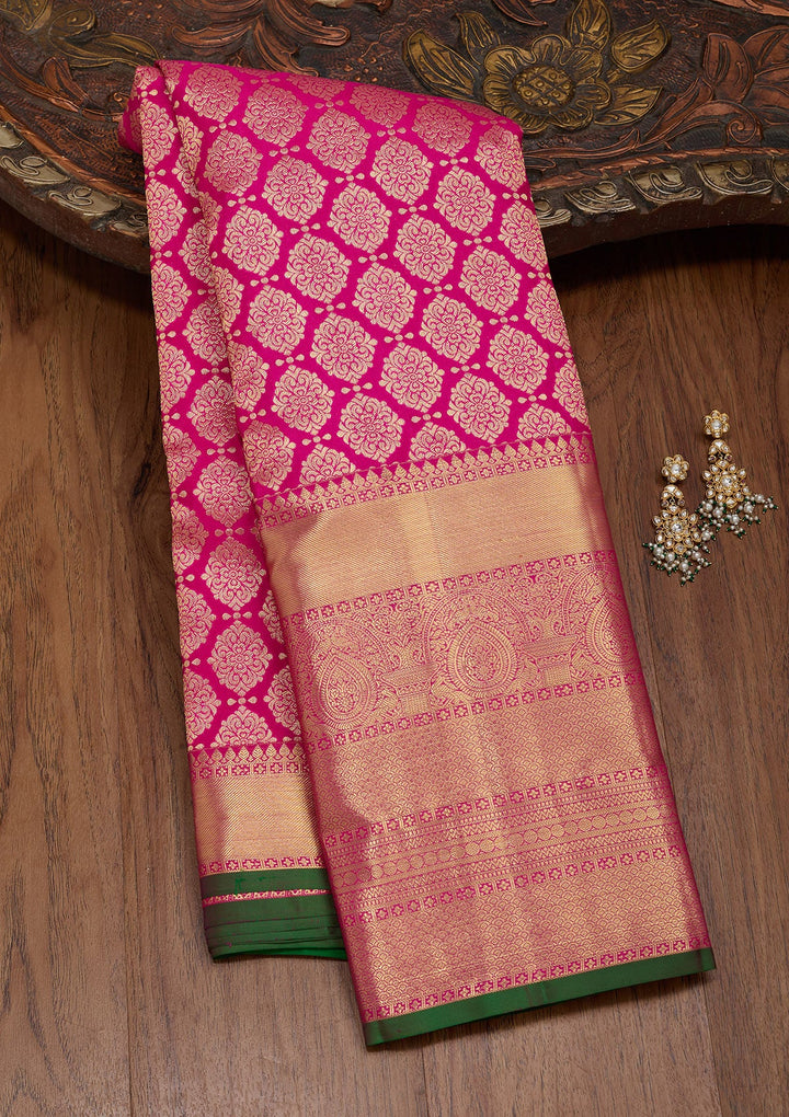 Magenta Pink Zariwork Pure Silk Saree-Koskii