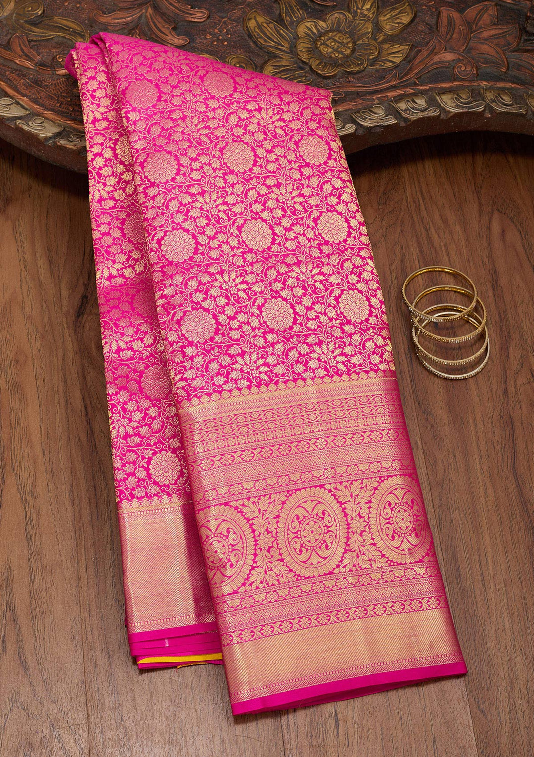 Magenta Pink Zariwork Pure Silk Saree-Koskii