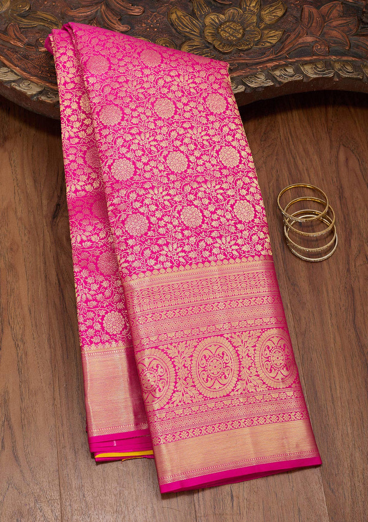 Magenta Pink Zariwork Pure Silk Saree-Koskii