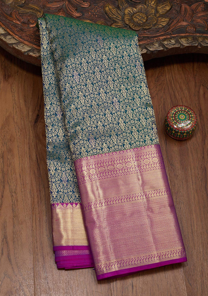 Rama Green Zariwork Pure Silk Saree-Koskii