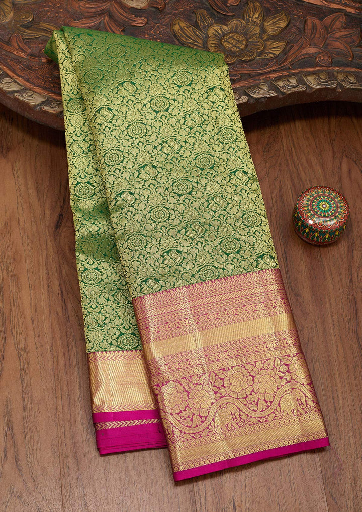 Bottle Green Zariwork Pure Silk Saree-Koskii