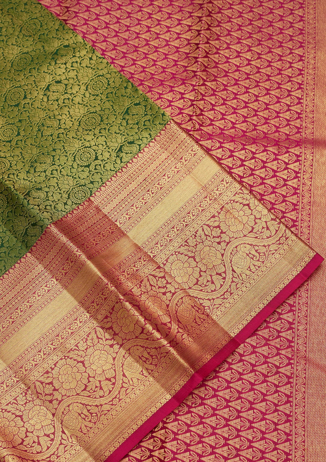 Bottle Green Zariwork Pure Silk Saree-Koskii