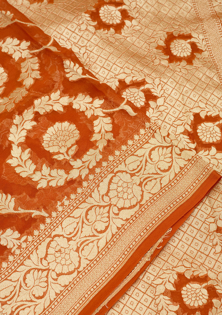 Rust Zariwork Georgette Silk Saree