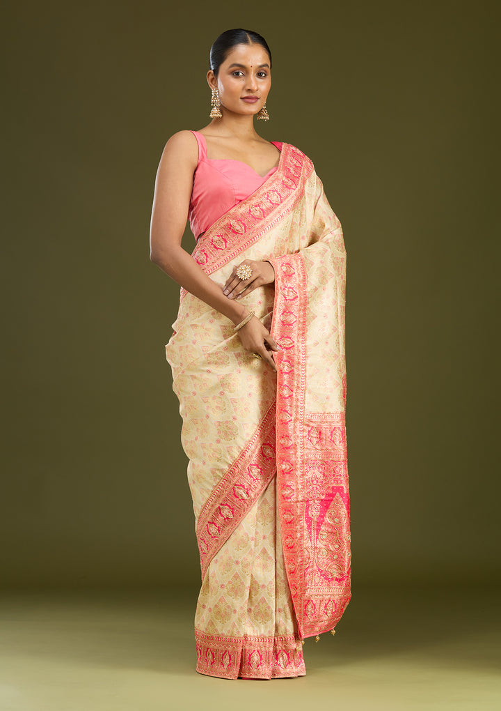 Cream Cutdana Silk Silk Saree
