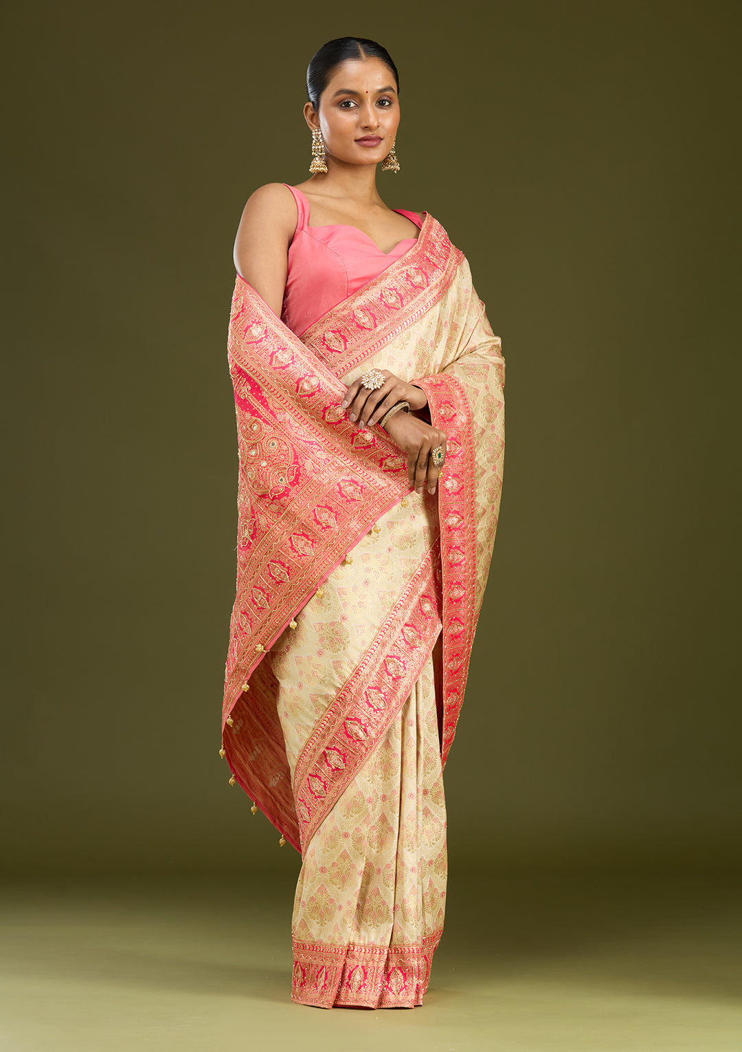 Cream Cutdana Silk Silk Saree