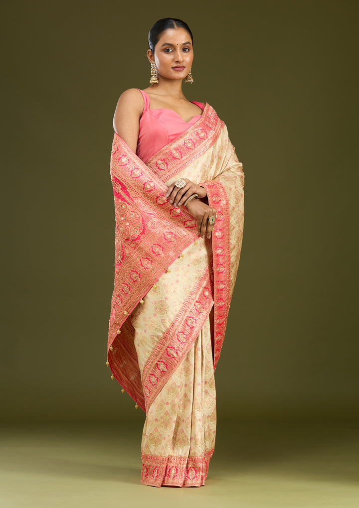 Cream Cutdana Silk Silk Saree