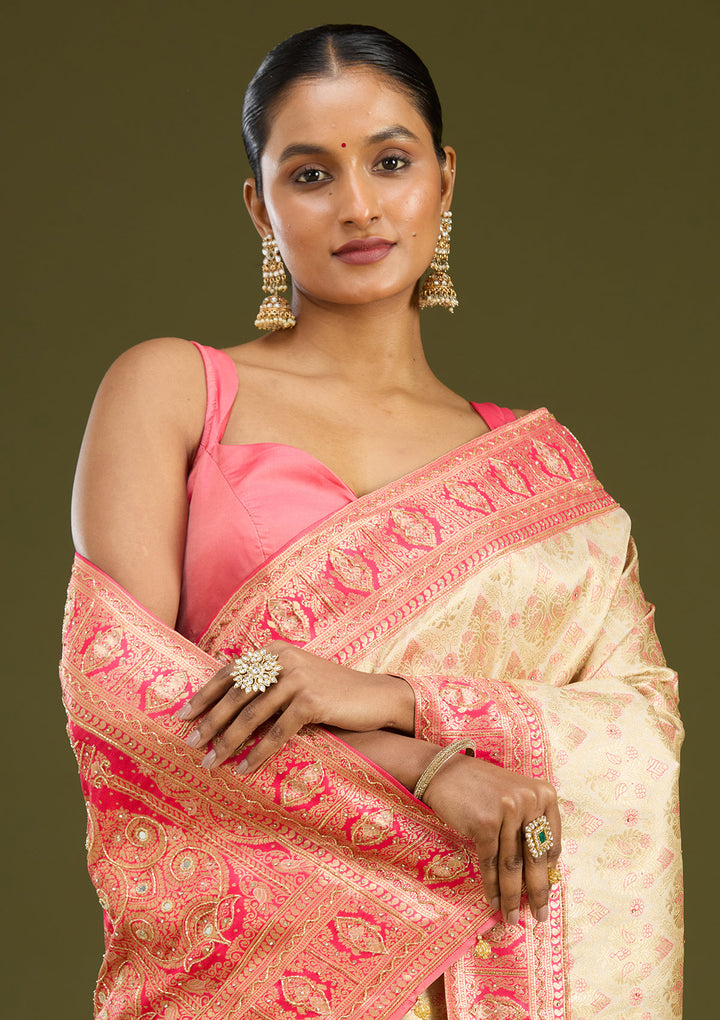 Cream Cutdana Silk Silk Saree