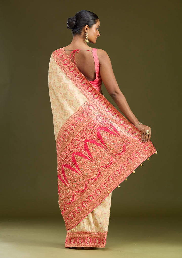 Cream Cutdana Silk Silk Saree