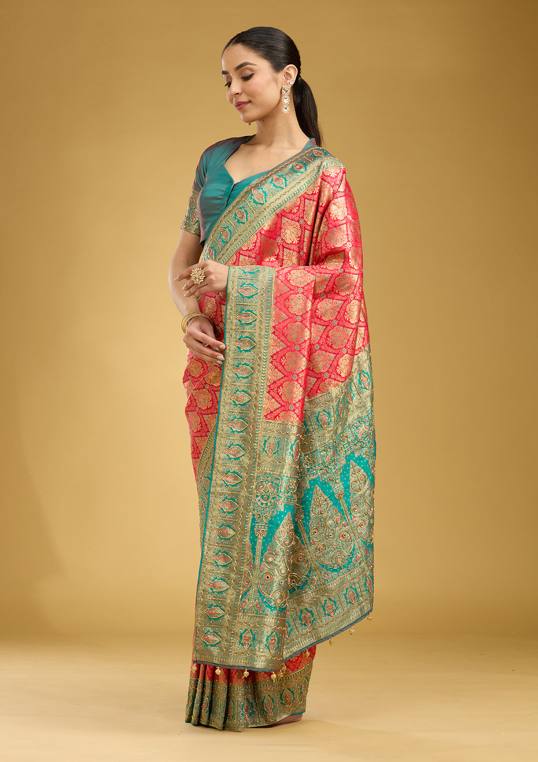 Rani Pink Cutdana Silk Silk Saree