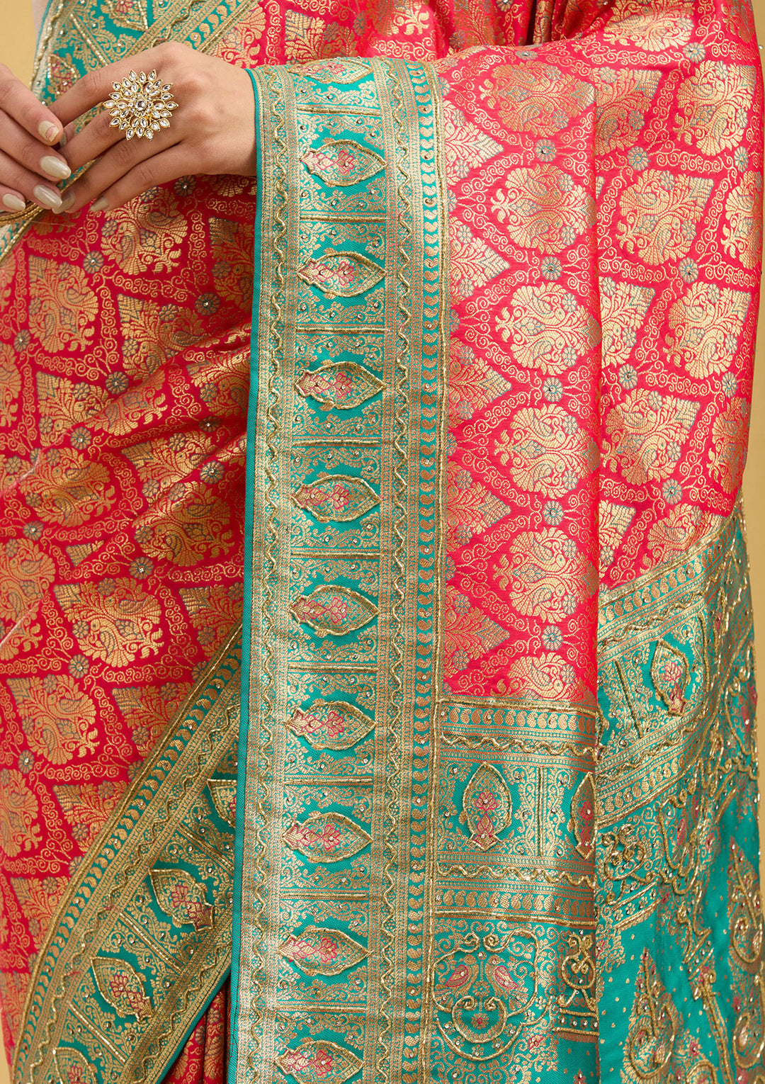Rani Pink Cutdana Silk Silk Saree