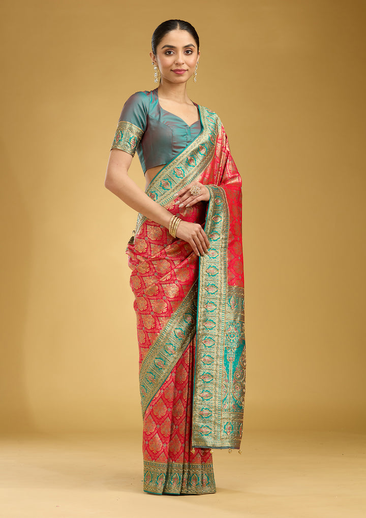 Rani Pink Cutdana Silk Silk Saree