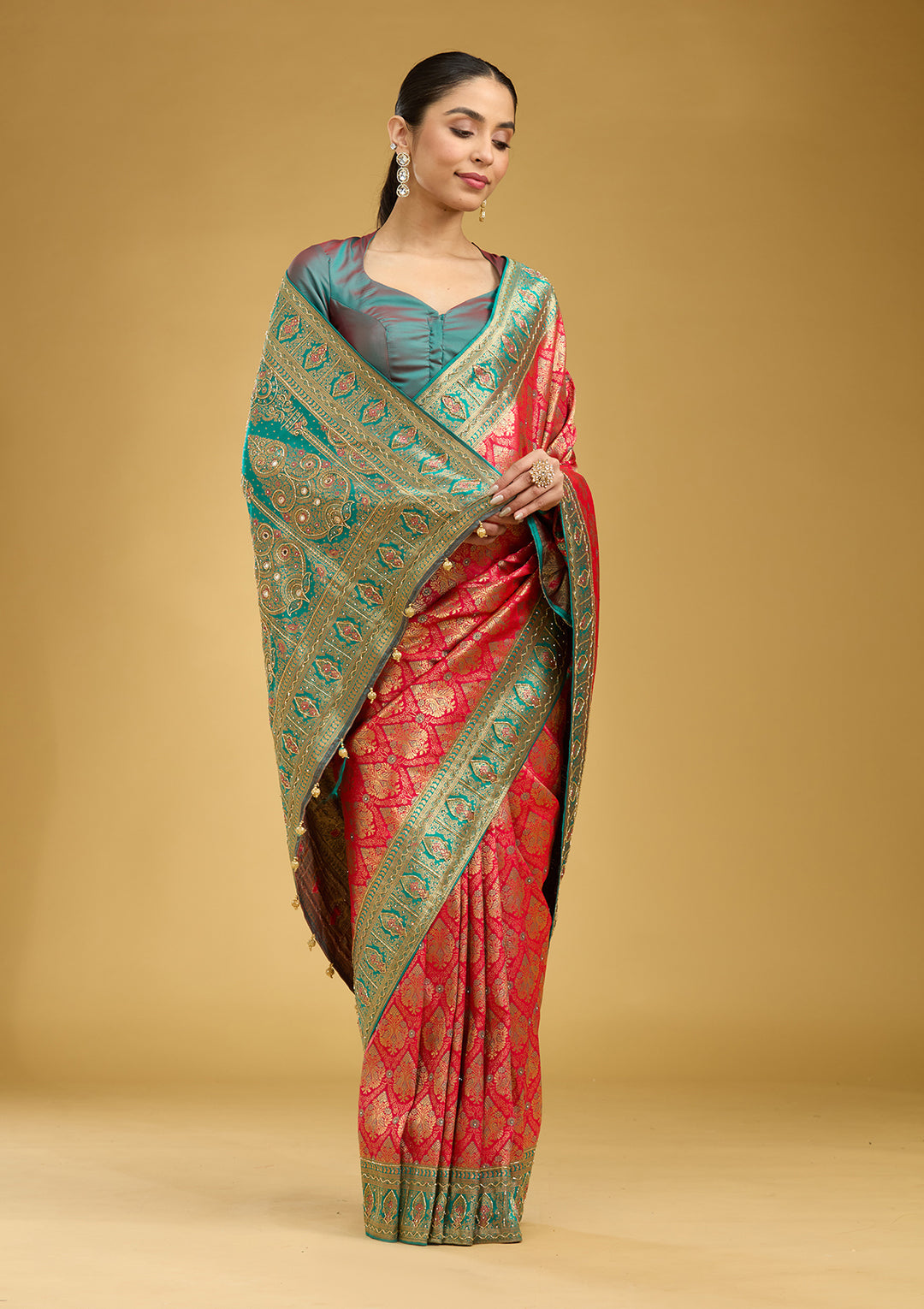 Rani Pink Cutdana Silk Silk Saree