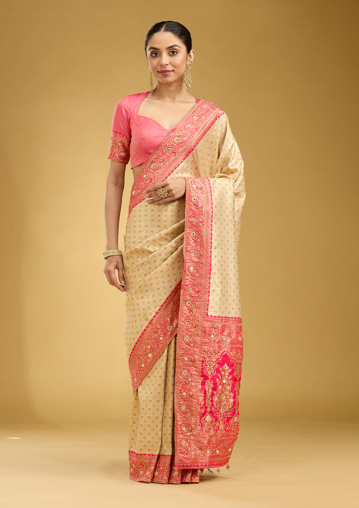 Cream Aariwork Art Silk Silk Saree