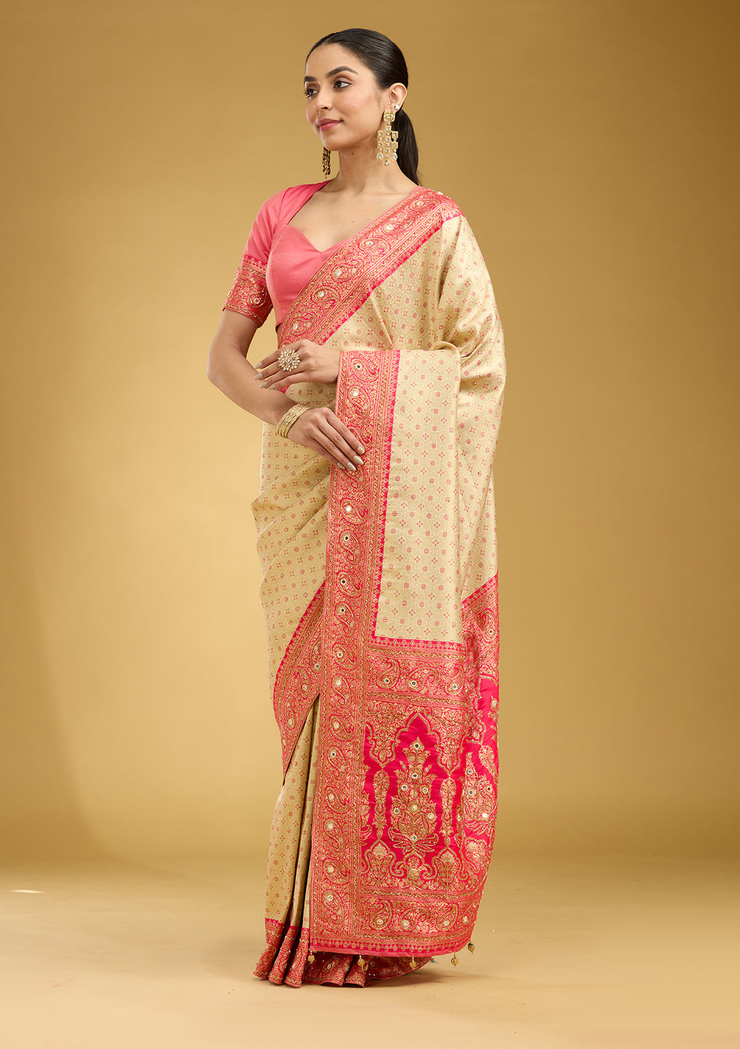 Cream Aariwork Art Silk Silk Saree