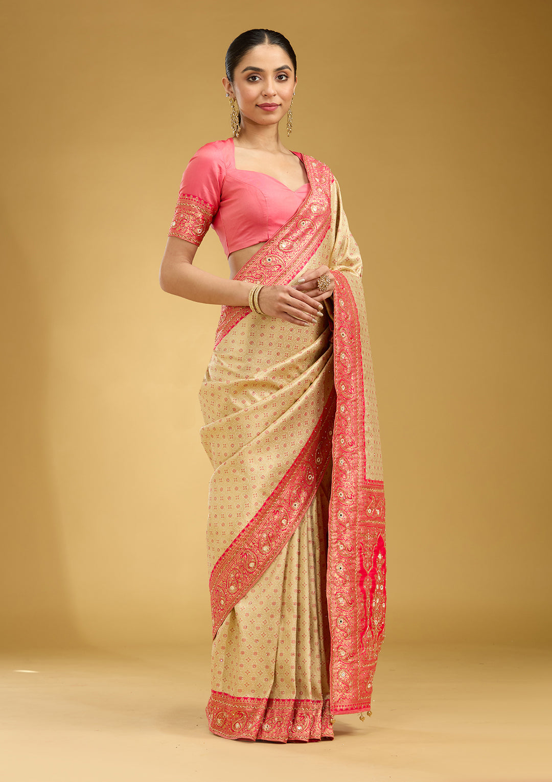 Cream Aariwork Art Silk Silk Saree