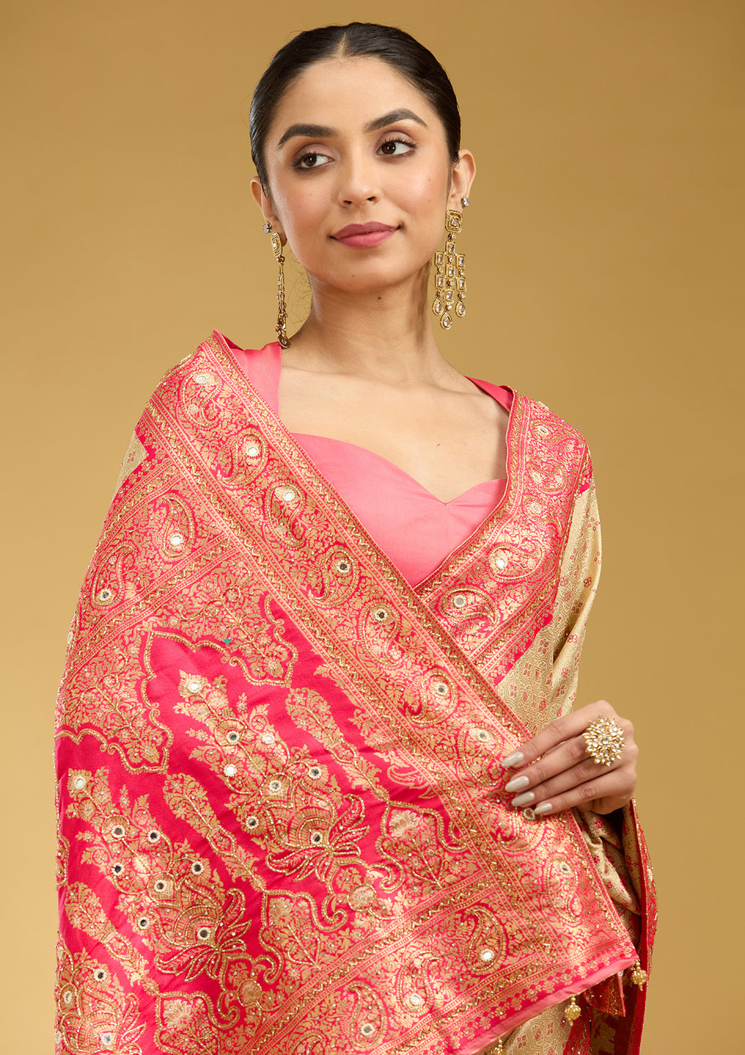 Cream Aariwork Art Silk Silk Saree
