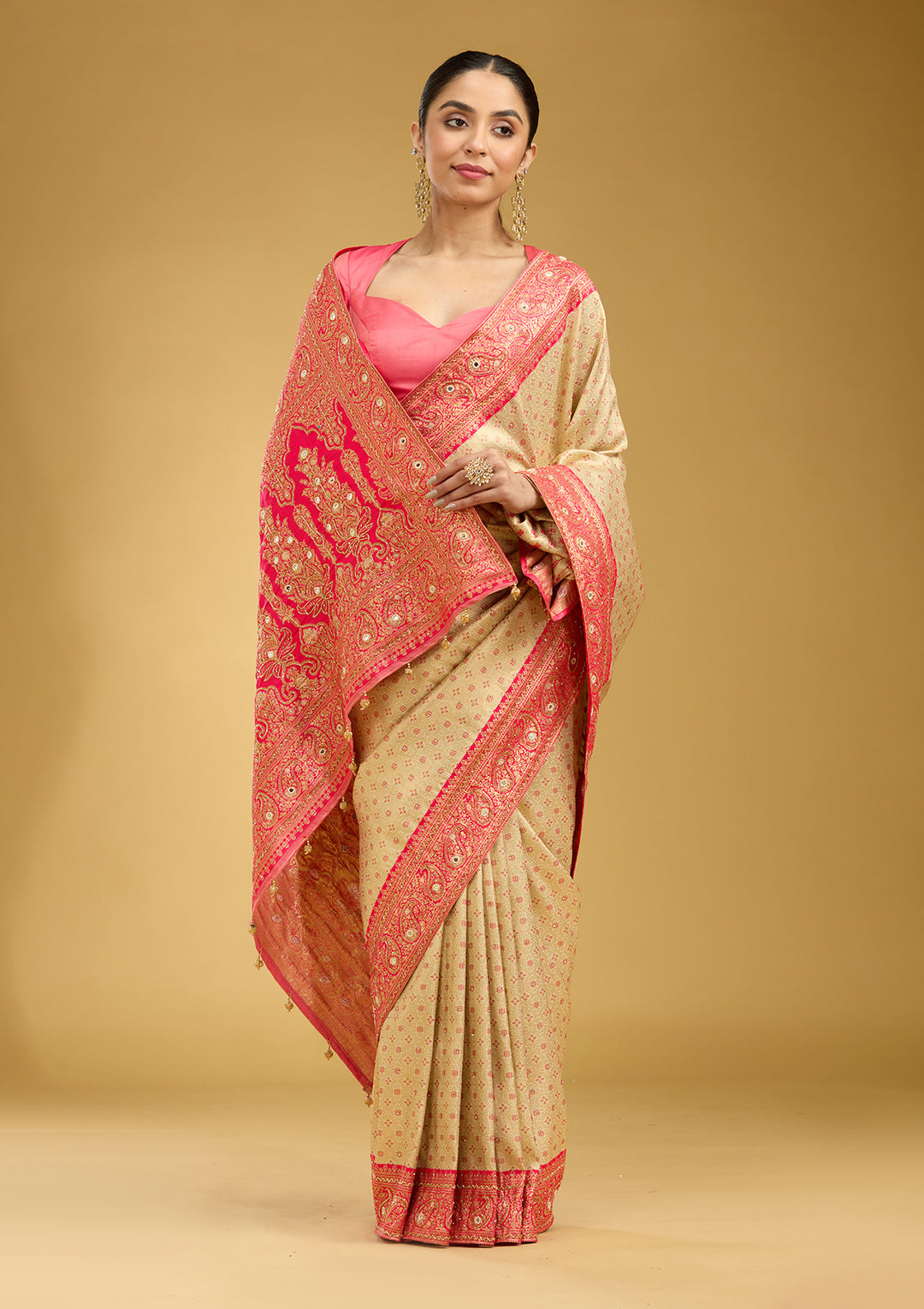 Cream Aariwork Art Silk Silk Saree
