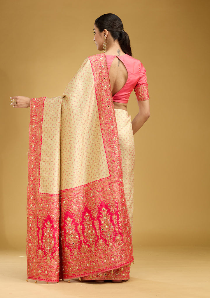 Cream Aariwork Art Silk Silk Saree