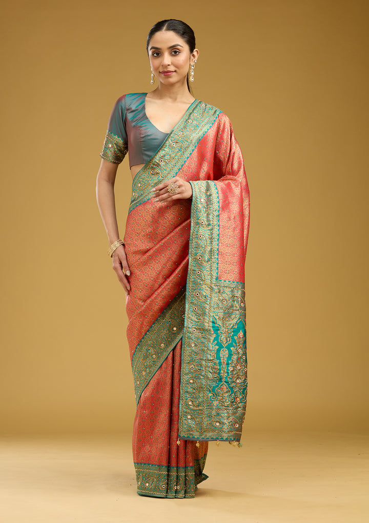 Red Aariwork Art Silk Silk Saree
