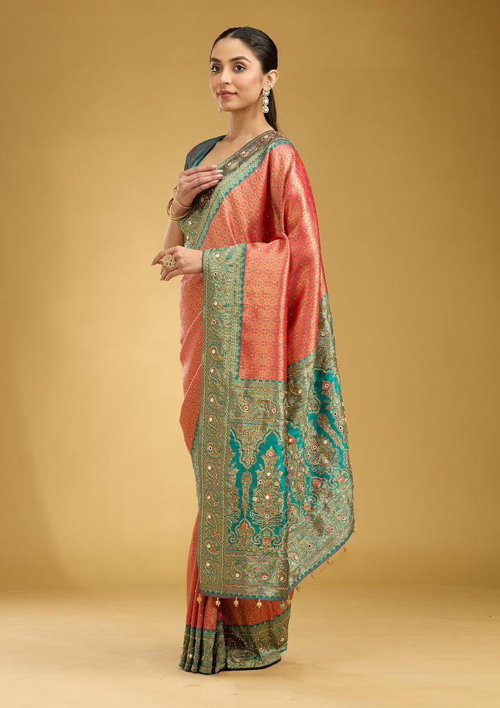 Red Aariwork Art Silk Silk Saree