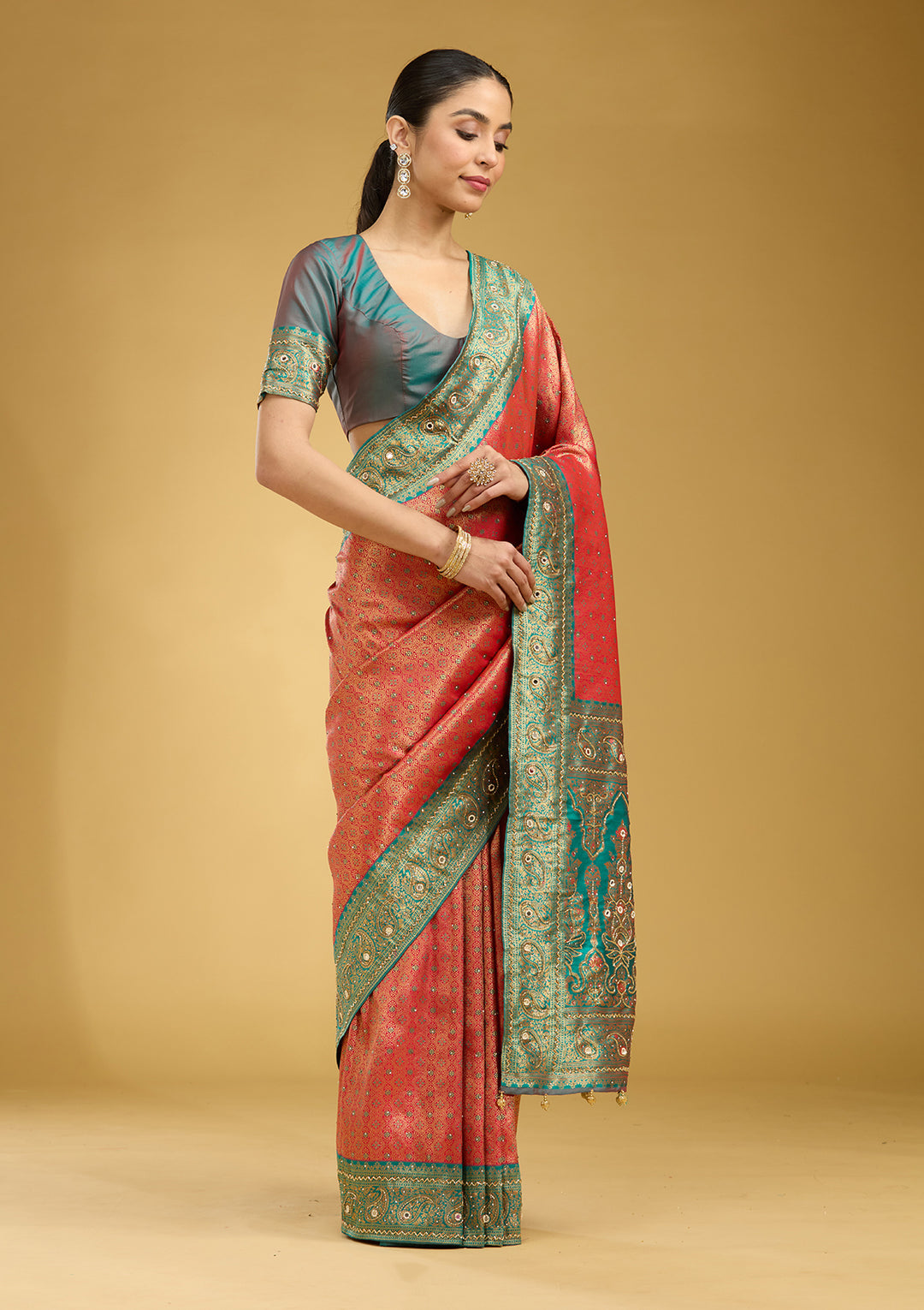 Red Aariwork Art Silk Silk Saree