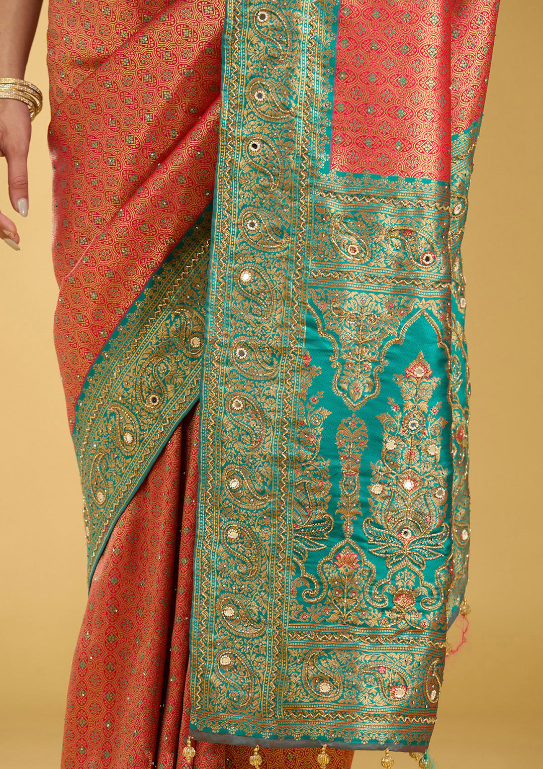 Red Aariwork Art Silk Silk Saree