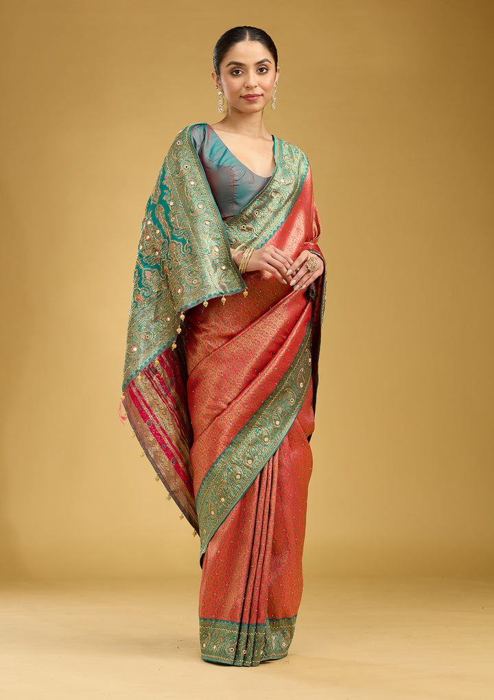 Red Aariwork Art Silk Silk Saree
