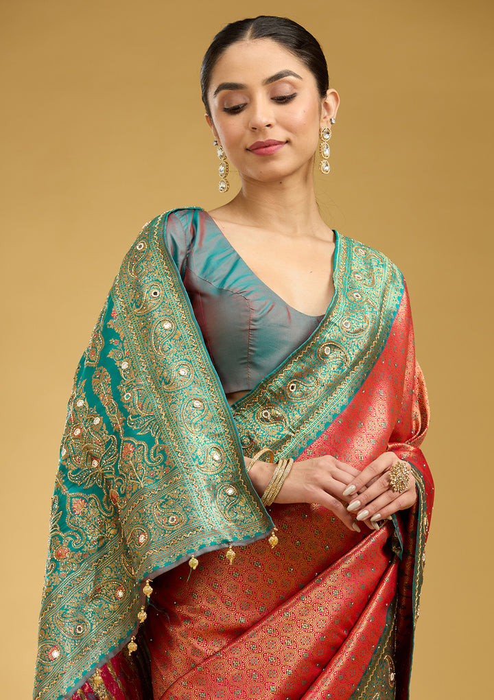 Red Aariwork Art Silk Silk Saree