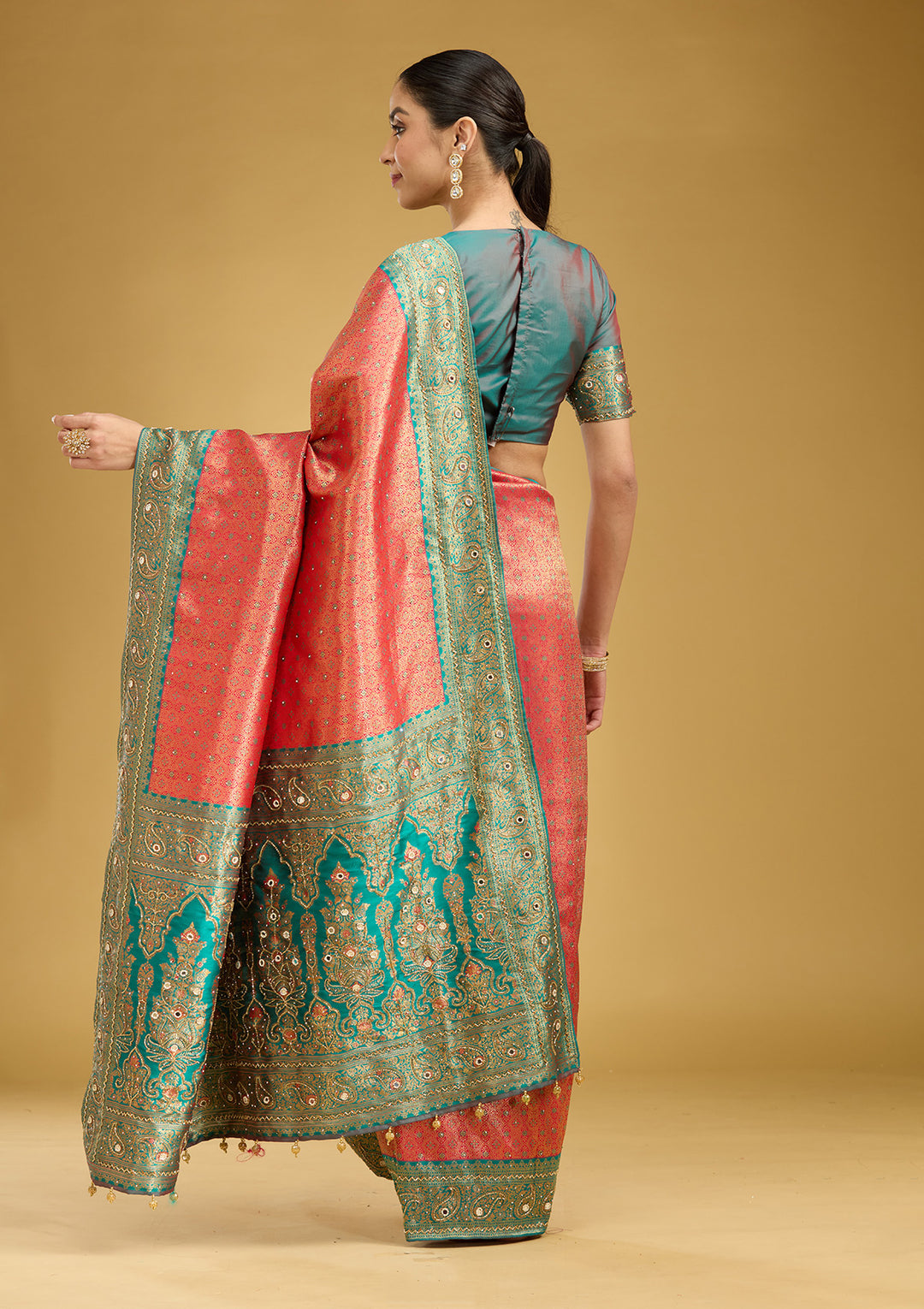 Red Aariwork Art Silk Silk Saree