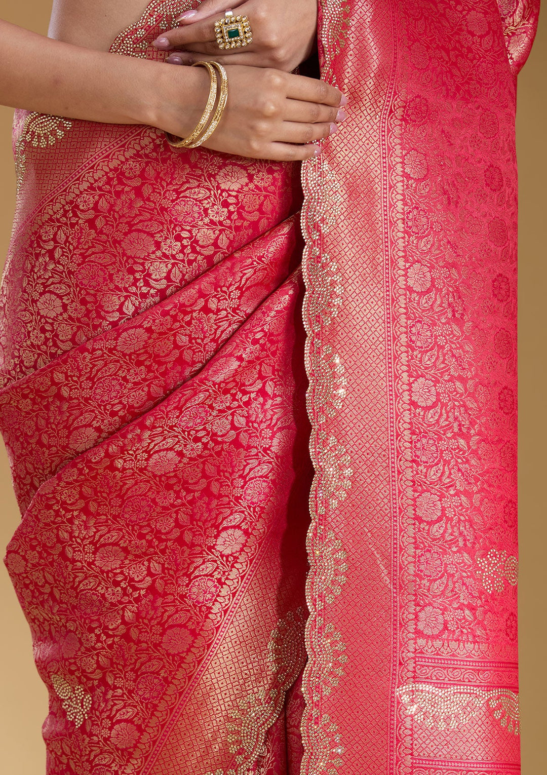 Rani Pink Stonework (Silver) Art Silk Silk_Saree